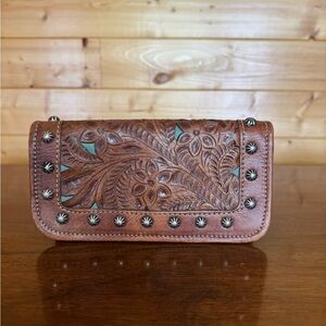 American West Brown Leather Studded Clutch/Trifold Wallet